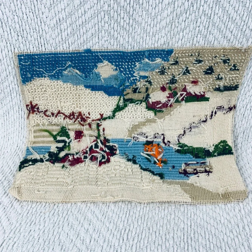 Handmade Needlepoint Winter Village Scene Farm Red Barn Snow Folk Art Tapestry